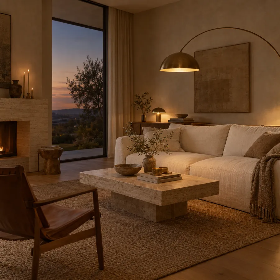 A warm living room with an arc floor lamp beside the sofa