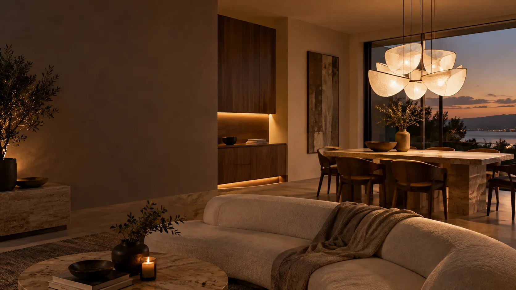 Warm architectural interior with a sculptural glowing pendant over a travertine dining table